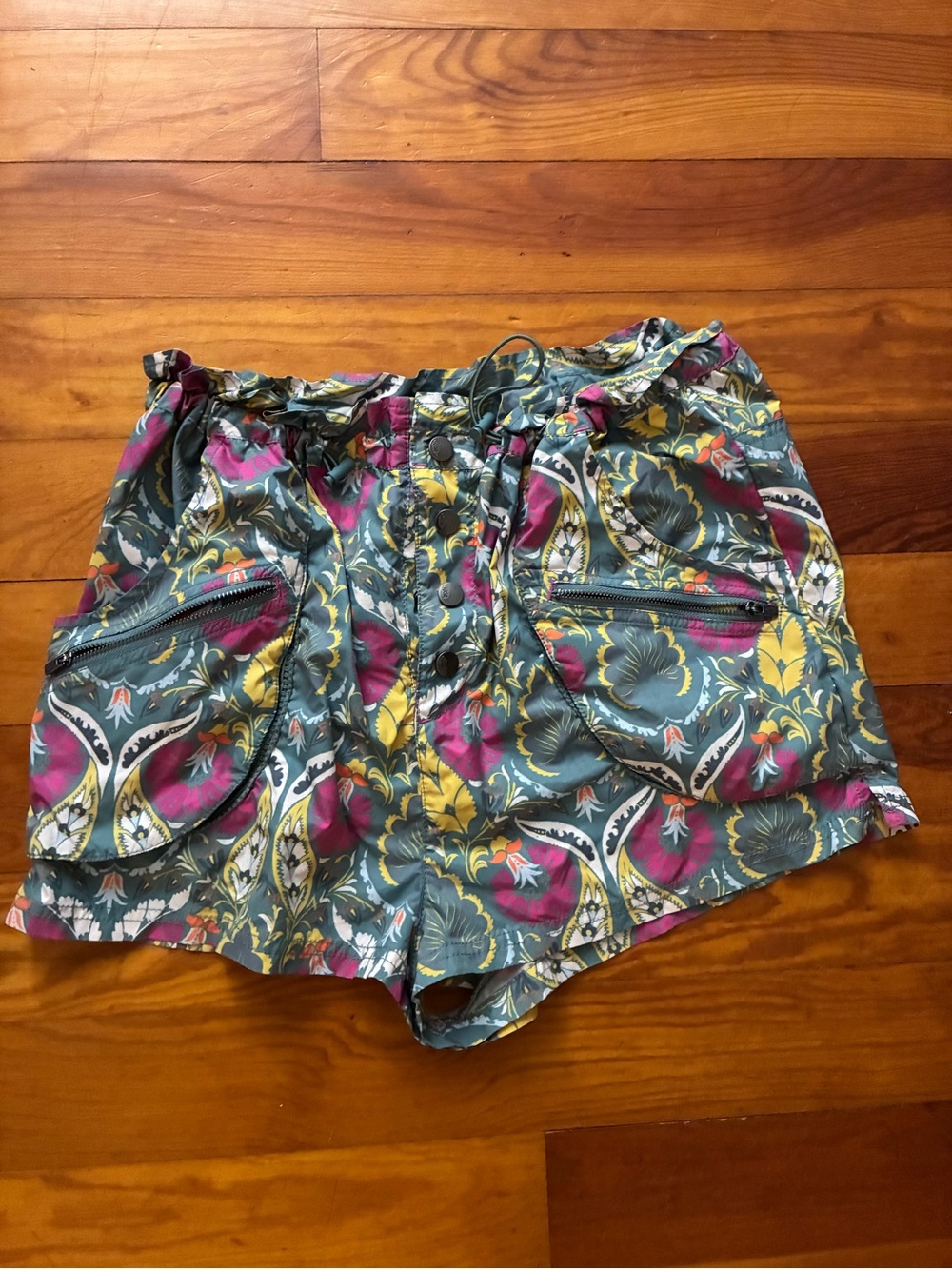Floral Print Drawstring Women’s Shorts - Teal & Pink